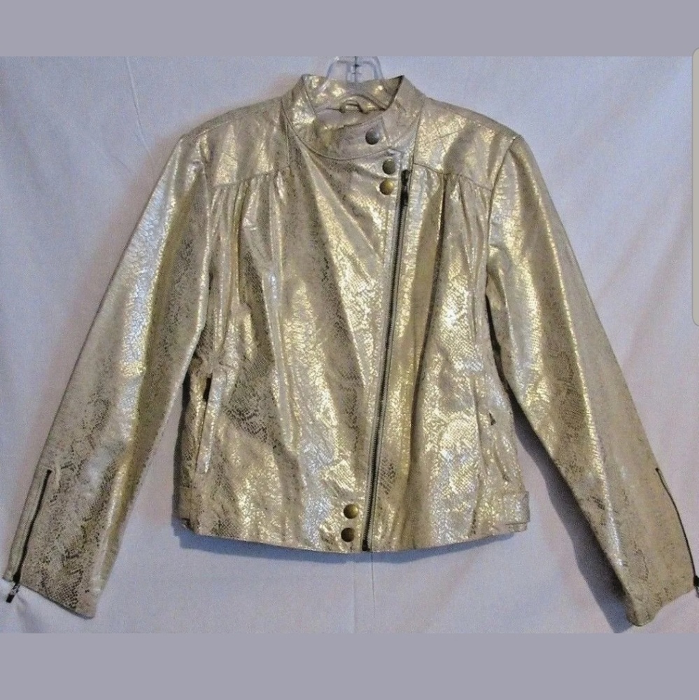 Ivory & Gold Python Snake Real Leather Moto Jacket - image 1